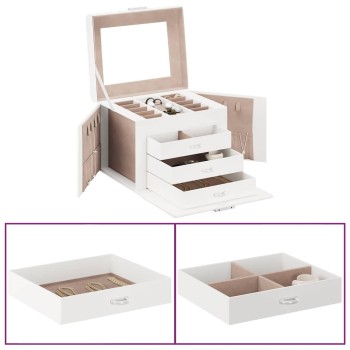 Ékszerdoboz 4 rétegű tükörrel zárható fehér 22,5x17,5x16,5 cm