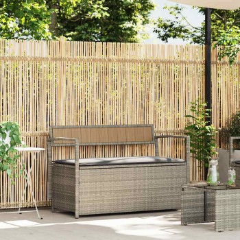 Világosszürke polyrattan kerti tárolópad párnával