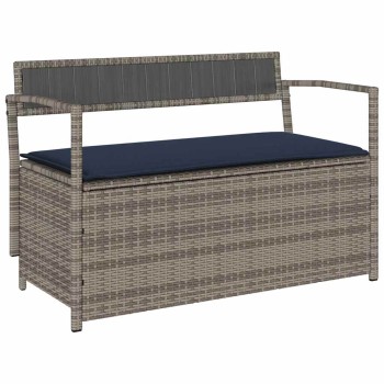 Szürke polyrattan kerti tárolópad párnával