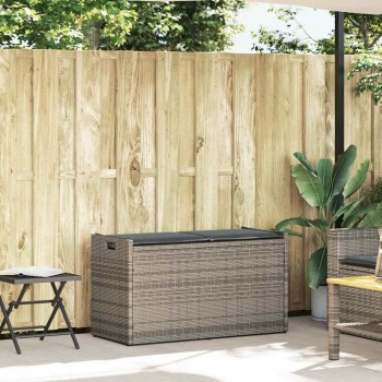 Szürke polyrattan kültéri tárolópad párnával 100 cm