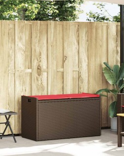 Barna polyrattan kültéri tárolópad párnával 100 cm