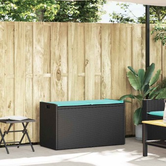 Fekete polyrattan kültéri tárolópad párnával 100 cm