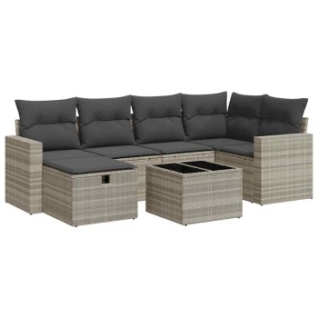7 részes világosszürke polyrattan kerti ülőgarnitúra párnákkal