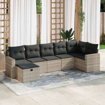 7 részes világosszürke polyrattan kerti ülőgarnitúra párnákkal
