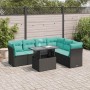 7 részes fekete polyrattan akácfa kerti ülőgarnitúra párnákkal