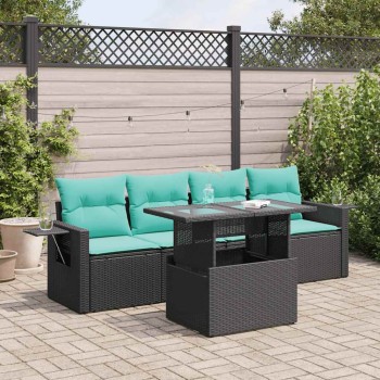 5 részes fekete polyrattan akácfa kerti ülőgarnitúra párnával