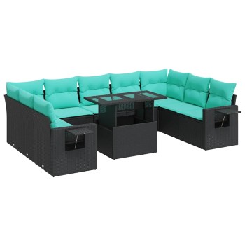 10 részes fekete polyrattan akácfa kerti ülőgarnitúra párnákkal