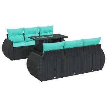 7 részes fekete polyrattan akácfa kerti ülőgarnitúra párnával