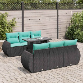 7 részes fekete polyrattan akácfa kerti ülőgarnitúra párnával