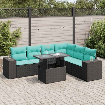 7 részes fekete polyrattan akácfa kerti ülőgarnitúra párnákkal