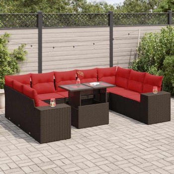 10 részes barna polyrattan akácfa kerti ülőgarnitúra párnákkal