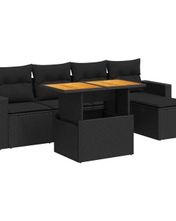 6 részes fekete polyrattan kerti ülőgarnitúra párnákkal
