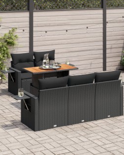 6 részes fekete polyrattan kerti ülőgarnitúra párnákkal
