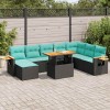 10 részes fekete polyrattan akácfa kerti ülőgarnitúra párnákkal
