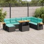 10 részes fekete polyrattan akácfa kerti ülőgarnitúra párnákkal