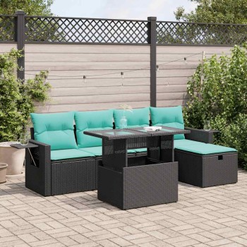 6 részes szürke polyrattan akácfa kerti ülőgarnitúra párnákkal