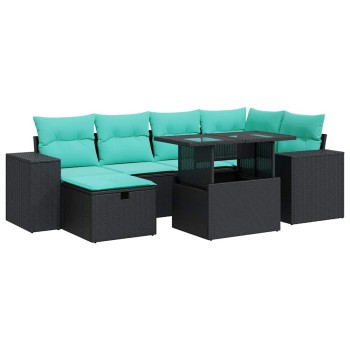 7 részes szürke polyrattan akácfa kerti ülőgarnitúra párnákkal