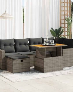 8 részes szürke polyrattan akácfa kerti ülőgarnitúra párnákkal