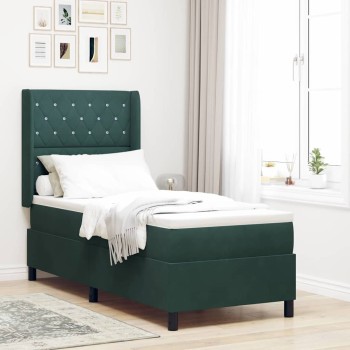 Boxrugós ágy matracmal leddel sötétzöld 80 x 200 cm bársony