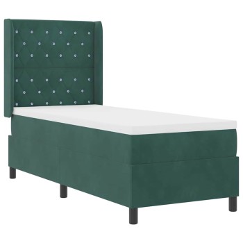 Boxrugós ágy matracmal leddel sötétzöld 80 x 200 cm bársony