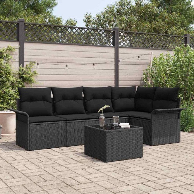 Kerti kanapé szett párnával tárolóval 6 pcs fekete poli rattan