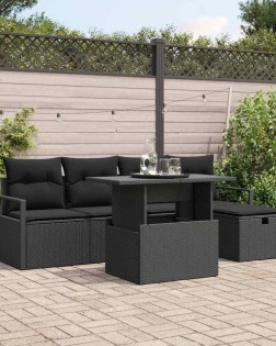 Kerti kanapé szett párnával tárolóval 6 pcs fekete poli rattan