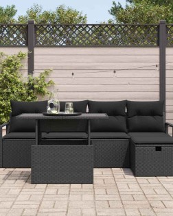 Kerti kanapé szett párnával tárolóval 6 pcs fekete poli rattan