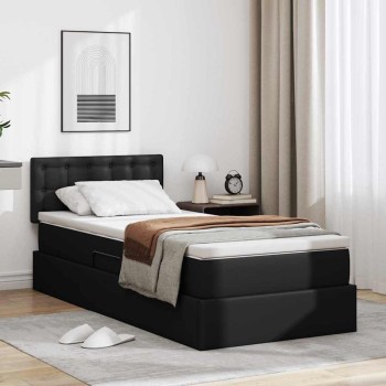 Ágy tárolóval és led lámpával leddel fekete 90 x 190 cm műbőr
