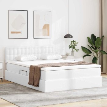 Ágy tárolóval és led lámpával tiszta fehér 140 x 200 cm műbőr