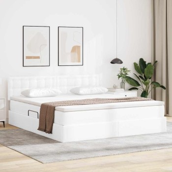 Ágy tárolóval és led lámpával tiszta fehér 180 x 200 cm műbőr
