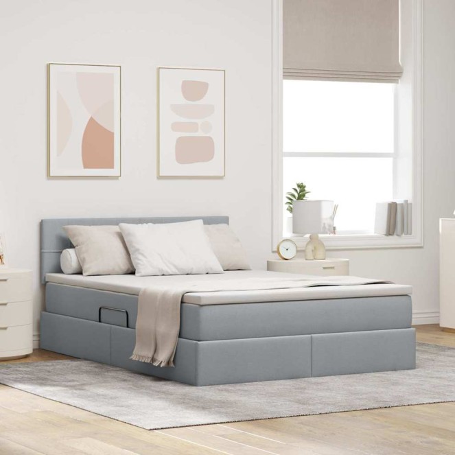 Led tárolós ágy matraccal világosszürke 140 x 190 cm szövet
