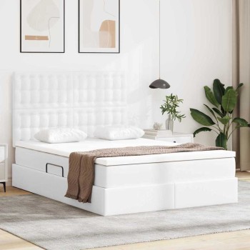 Ágy tárolóval és led lámpával tiszta fehér 140 x 200 cm műbőr
