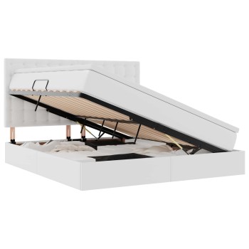 Ágy tárolóval és led lámpával tiszta fehér 160 x 200 cm műbőr