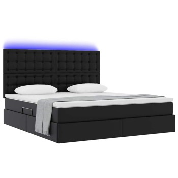 Ágy tárolóval és led lámpával leddel fekete 180 x 200 cm műbőr