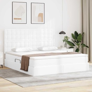 Ágy tárolóval és led lámpával tiszta fehér 180 x 200 cm műbőr