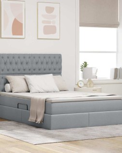 Led tárolós ágy matraccal világosszürke 140 x 190 cm szövet