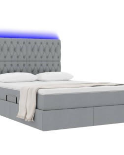 Led tárolós ágy matraccal világosszürke 140 x 190 cm szövet