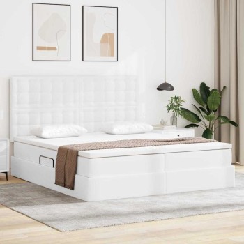 Ágy tárolóval és led lámpával tiszta fehér 180 x 200 cm műbőr
