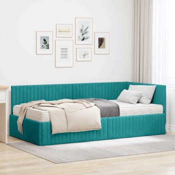 Sarok ágykeret matraccal 2 db türkiz 100 x 200 cm bársony