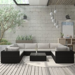 9-részes fekete polyrattan kerti bútorszett párnákkal