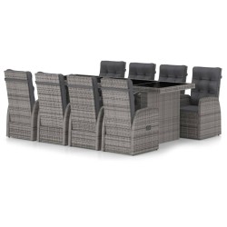 9 részes szürke polyrattan kültéri étkezőszett párnákkal