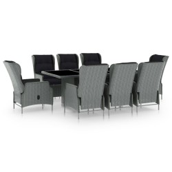 9 részes világosszürke polyrattan kültéri étkezőszett párnákkal