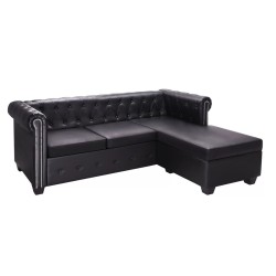 L-alakú, fekete műbőr chesterfield kanapé