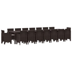 17 darabos kerti étkezőszett párnákkal barna polirattan, kerti asztal barna 250x100x73 cm polirattan, kerti asztal barna 150x100x73 cm polirattan, kerti székek párnákkal 4 db barna polirattan