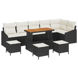 10 darab kerti kanapészett párnákkal fekete poli rattan akácia, 2-személyes kerti kanapé tárolóval és párnákkal fekete poli rattan, 4 darabos kerti étkező szett párnákkal fekete poli rattan akácia