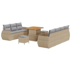 10 darabos kert sofa szett párnákkal bézs műrattan akácia, 3 darabos kert étkező szett párnákkal bézs műrattan akácia