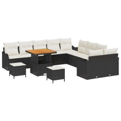 13 darabos kertibútor szett párnákkal, fekete poli rattan akáccal, kétfős kertibútor párnákkal, fekete poli rattan, 3 darabos kertivacsora szett párnákkal, fekete poli rattan akáccal