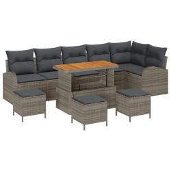 10 darabos kert kanapé szett párnákkal szürke poli rattan akác, 2-fős kert kanapé tárolóval és párnákkal szürke poli rattan, 4 darabos kert étkező szett párnákkal szürke poli rattan akác