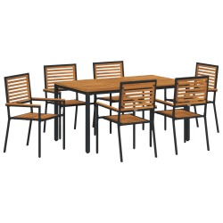 7 darabos kerti étkezőszett fekete polyrattan akác, egymásra rakható kerti székek párnákkal 2 db fekete polyrattan, kerti asztal 150x90x75 cm masszív akácfa és fém