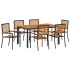 7 darabos kerti étkezőszett fekete polyrattan akác, egymásra rakható kerti székek párnákkal 2 db fekete polyrattan, kerti asztal 150x90x75 cm masszív akácfa és fém